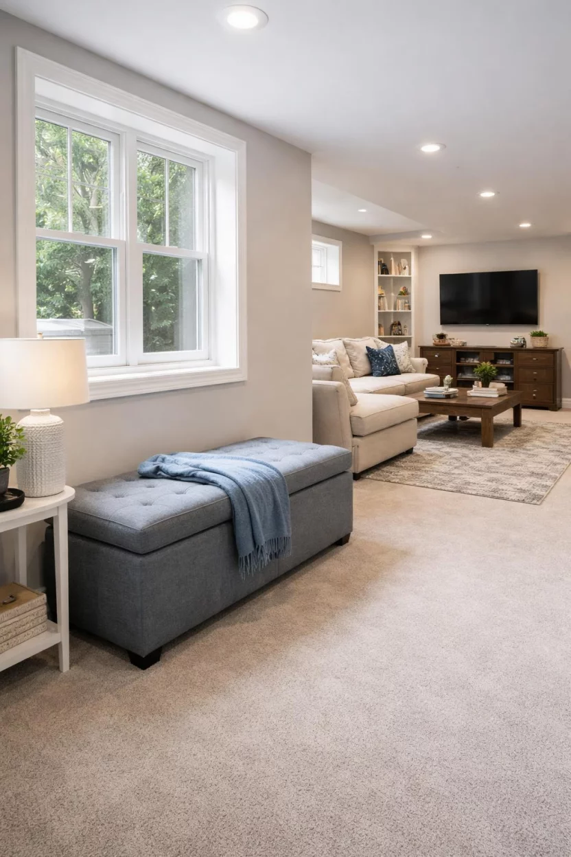 A realistic photo of an American home's basement family room with a grey upholstered storage bench sitting under a window with a blue throw blanket on top.