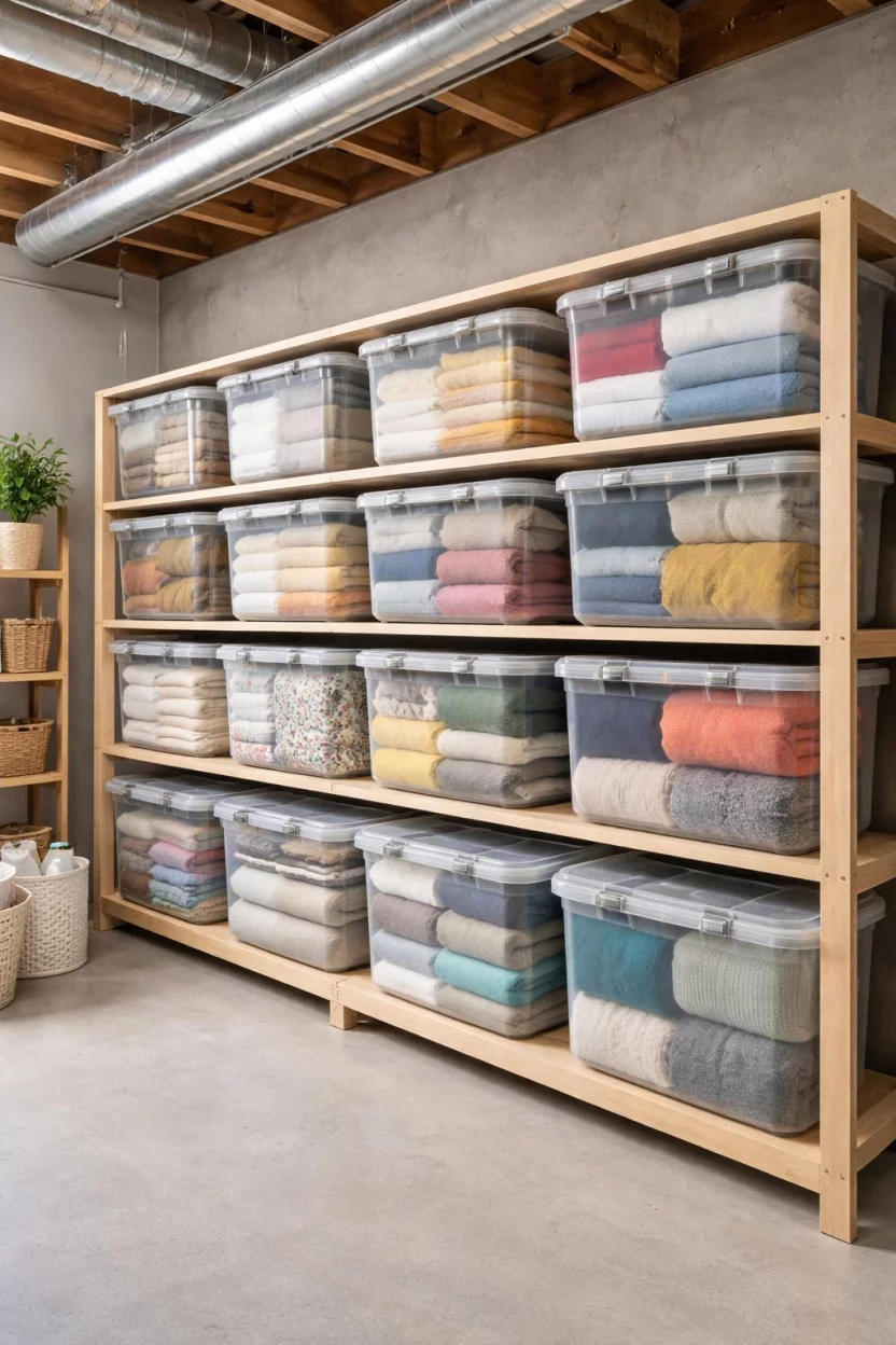 A realistic photo of an American home's basement wall lined with clear plastic gasket sealed airtight bins showing colorful linens and sweaters inside arranged on light wood shelving units.