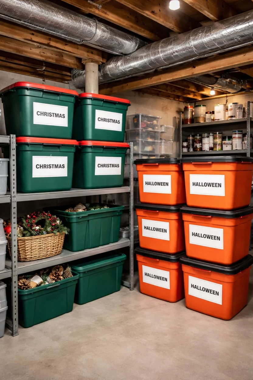 A realistic photo of an American home's basement storage area with stacks of green and red plastic storage totes with large white labels indicating Christmas and Halloween contents.