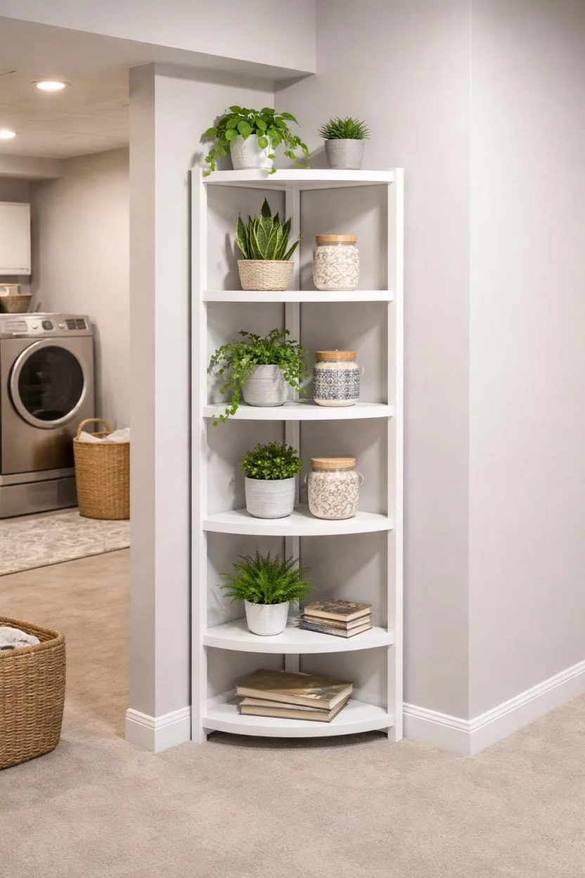 A realistic photo of an American home's basement corner featuring a white five tier corner shelving unit holding small potted green plants and decorative ceramic jars.