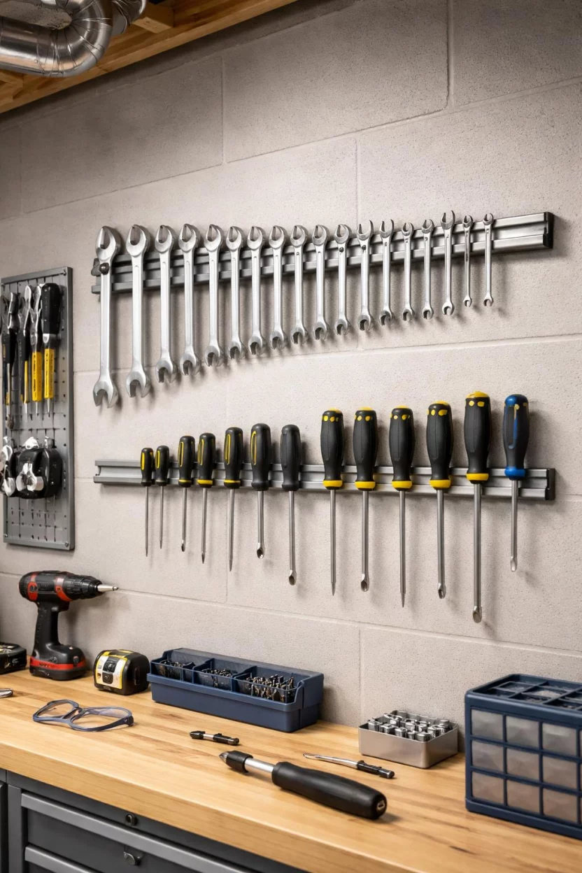 A realistic photo of an American home's basement workshop wall featuring two long silver magnetic tool strips holding various silver metal wrenches and screwdrivers.