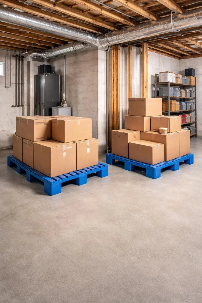 A realistic photo of an American home's basement floor with blue plastic heavy duty pallets holding cardboard boxes to keep them away from potential water.