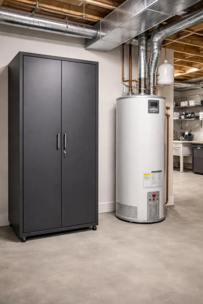 A realistic photo of an American home's basement utility room with a tall dark grey steel storage cabinet with locked doors standing next to a water heater.