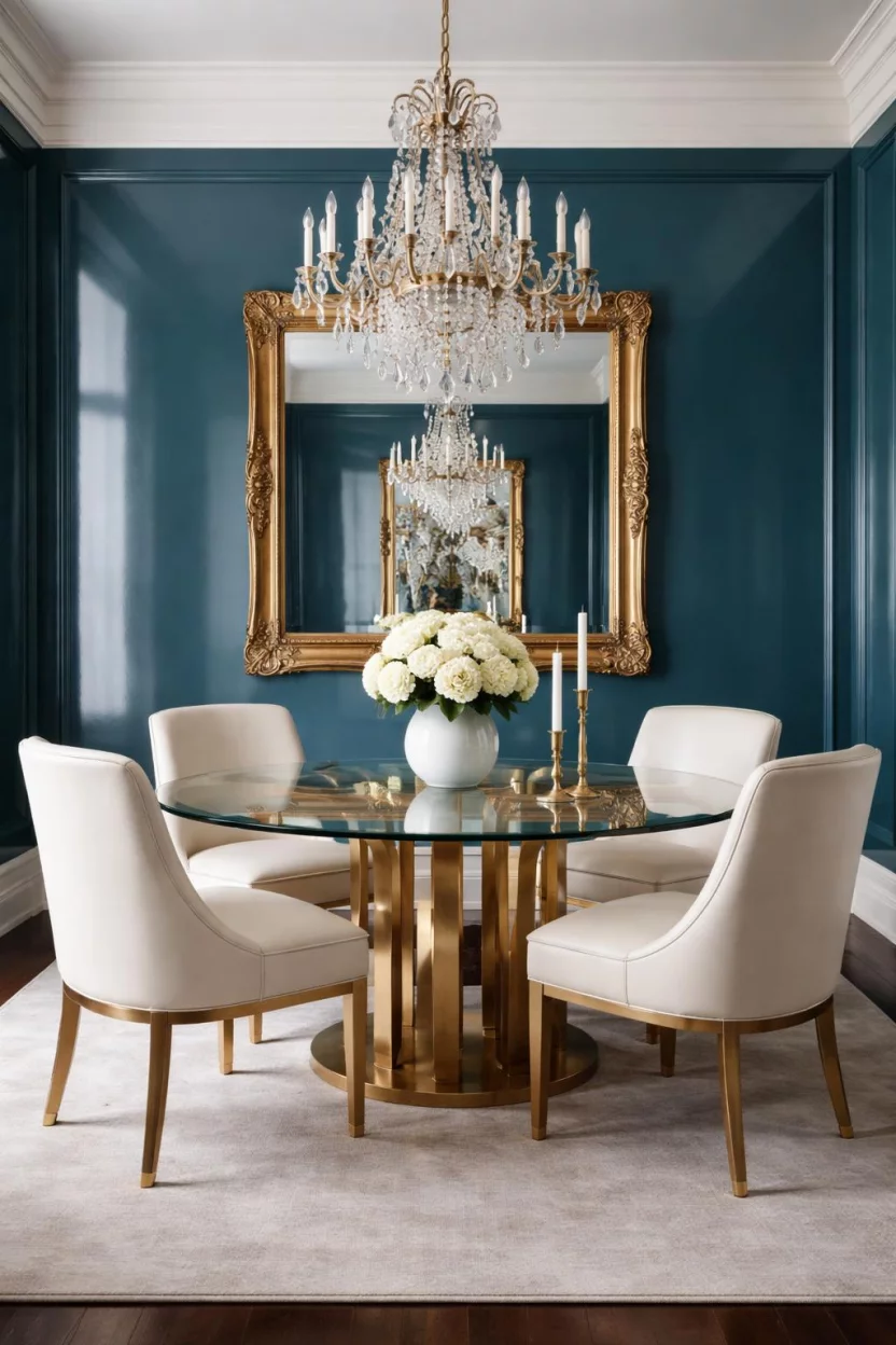A realistic photo of a dining room with high gloss teal lacquered walls, a round glass dining table with a brass base, four cream leather chairs, and a large ornate gold framed mirror reflecting a crystal chandelier.