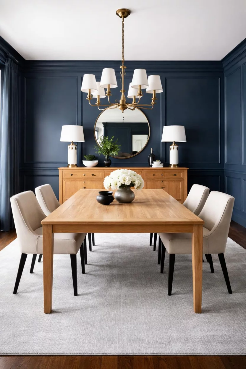 A realistic photo of a dining room where the walls, trim, and a large wooden sideboard are all painted the same midnight blue, with a light gray rug and a simple oak table providing the only contrast.