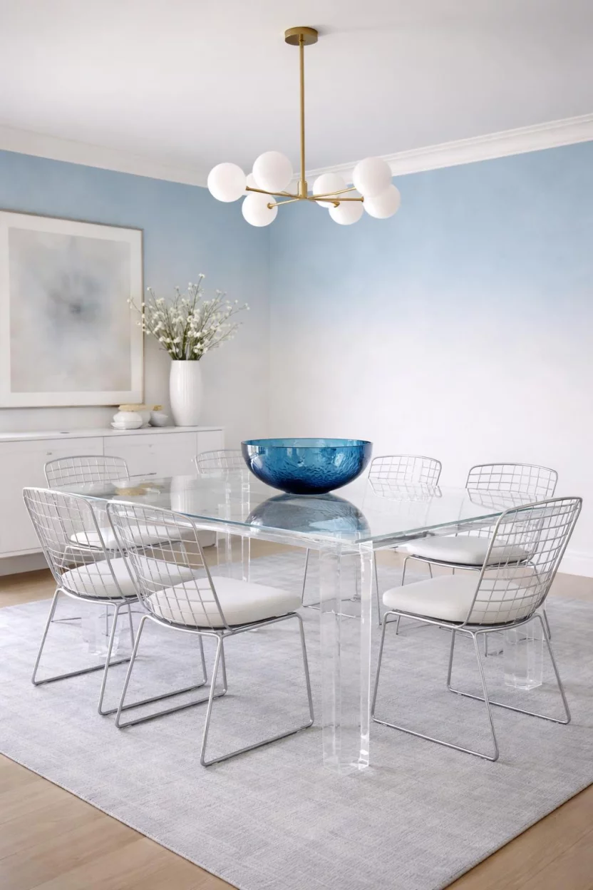 A realistic photo of a dining room with walls featuring a subtle blue to white ombre paint effect, a clear acrylic dining table, silver metal chairs, and a large blue glass bowl as a centerpiece.
