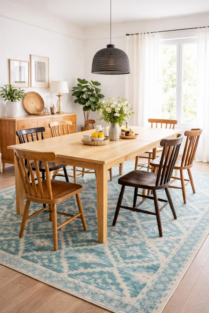 A realistic photo of a dining room with white walls, a large turquoise and cream geometric patterned rug, a light pine wood dining table, and several mismatched vintage wooden chairs.