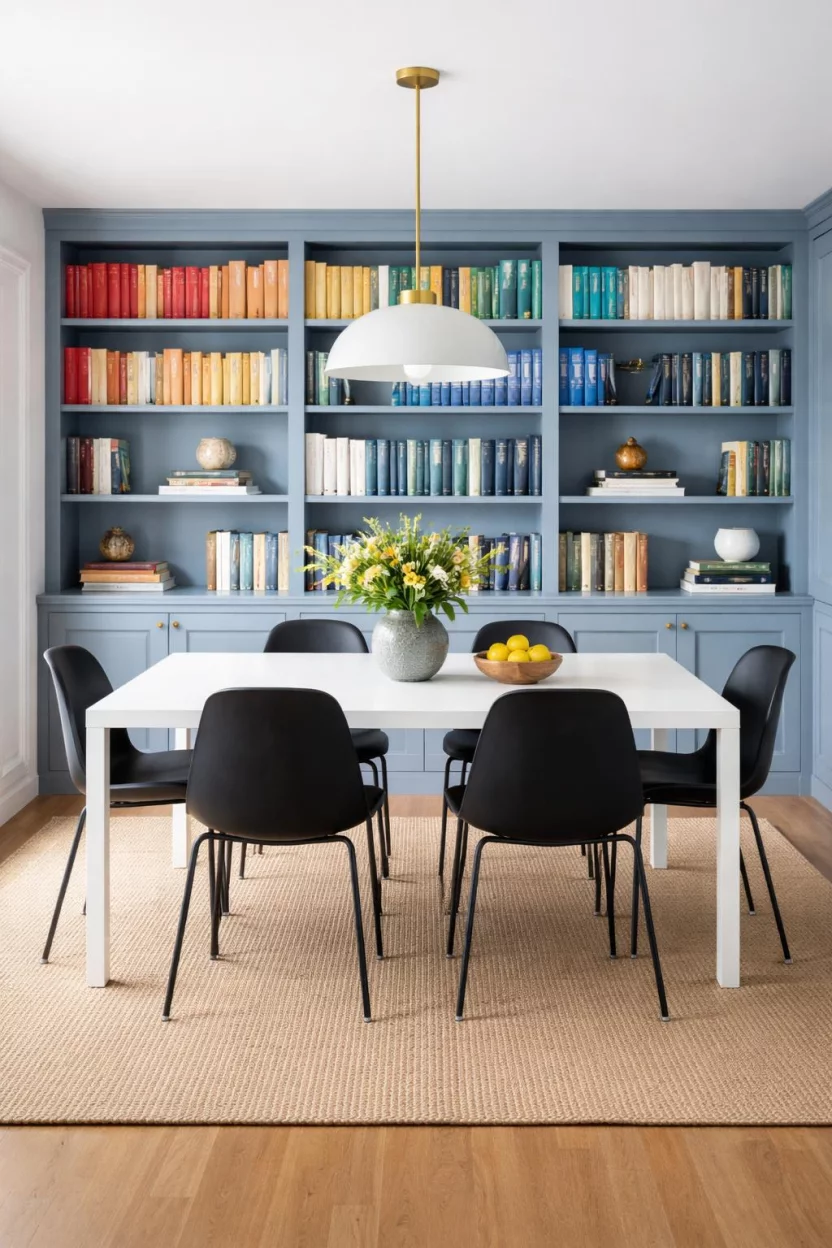 A realistic photo of a dining room with dusty blue painted bookshelves lining one wall, a simple white rectangular table, black modern chairs, and colorful books arranged by color on the blue shelves.