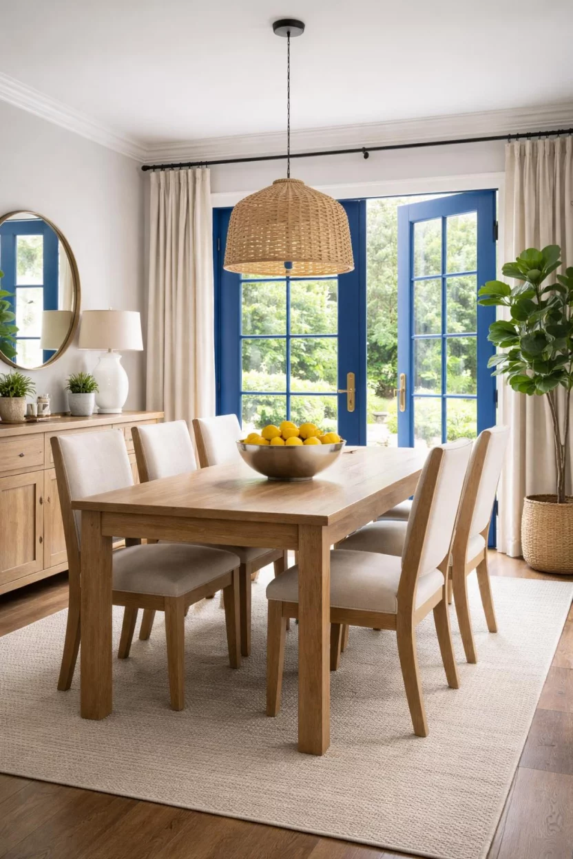 A realistic photo of a dining room with light gray walls, a pair of bright cobalt blue French doors leading outside, a rustic light oak dining set, and a silver bowl filled with lemons on the table.