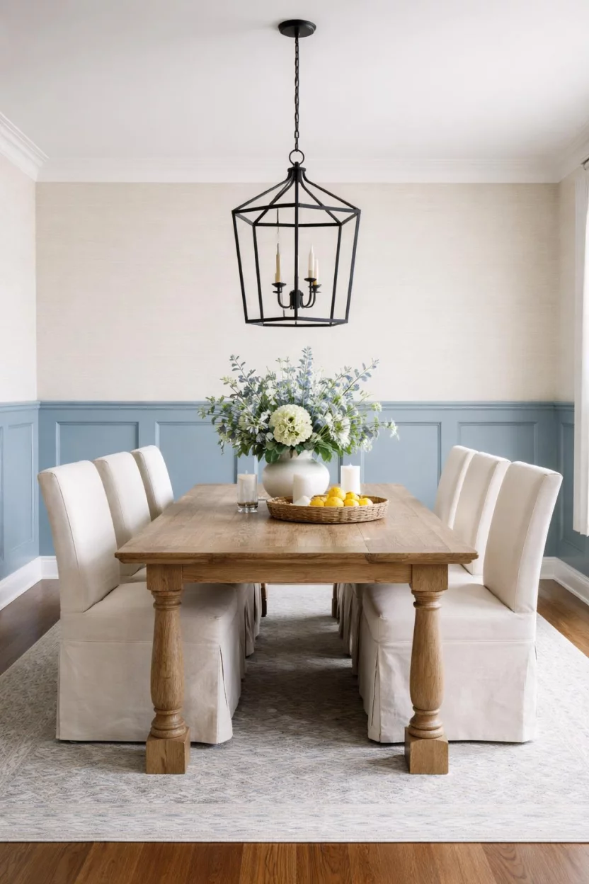 A realistic photo of a dining room with cornflower blue wainscoting on the lower half of the walls, light beige grasscloth wallpaper on top, a weathered oak rectangular table, and a black iron lantern pendant light hanging above.