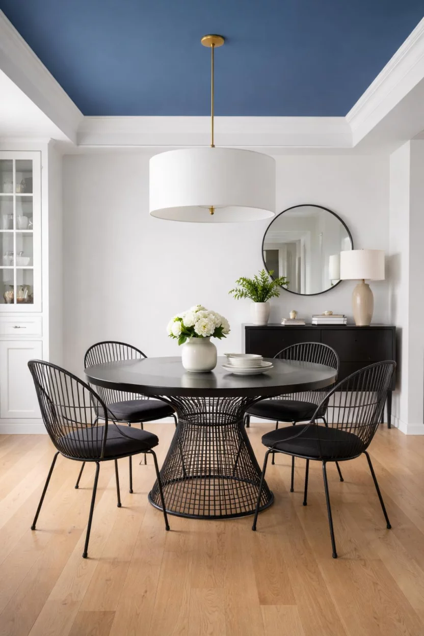 A realistic photo of a dining room with white walls, a royal blue painted ceiling, a modern black wire dining table, matching black chairs, and a simple white drum shade pendant light hanging low.