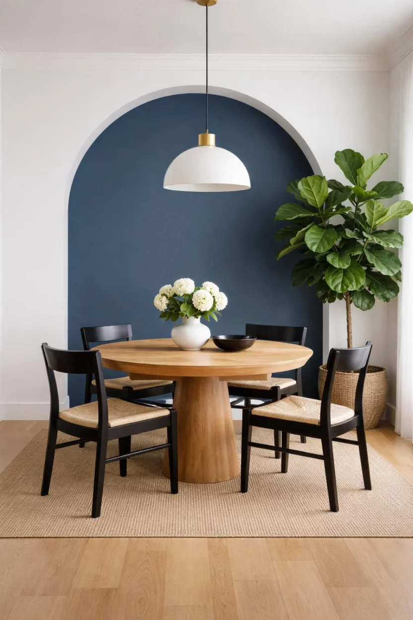 A realistic photo of a dining room with white walls and a large archway painted in deep Aegean blue, a round oak table, four black wooden chairs, and a large green potted fiddle leaf fig tree.