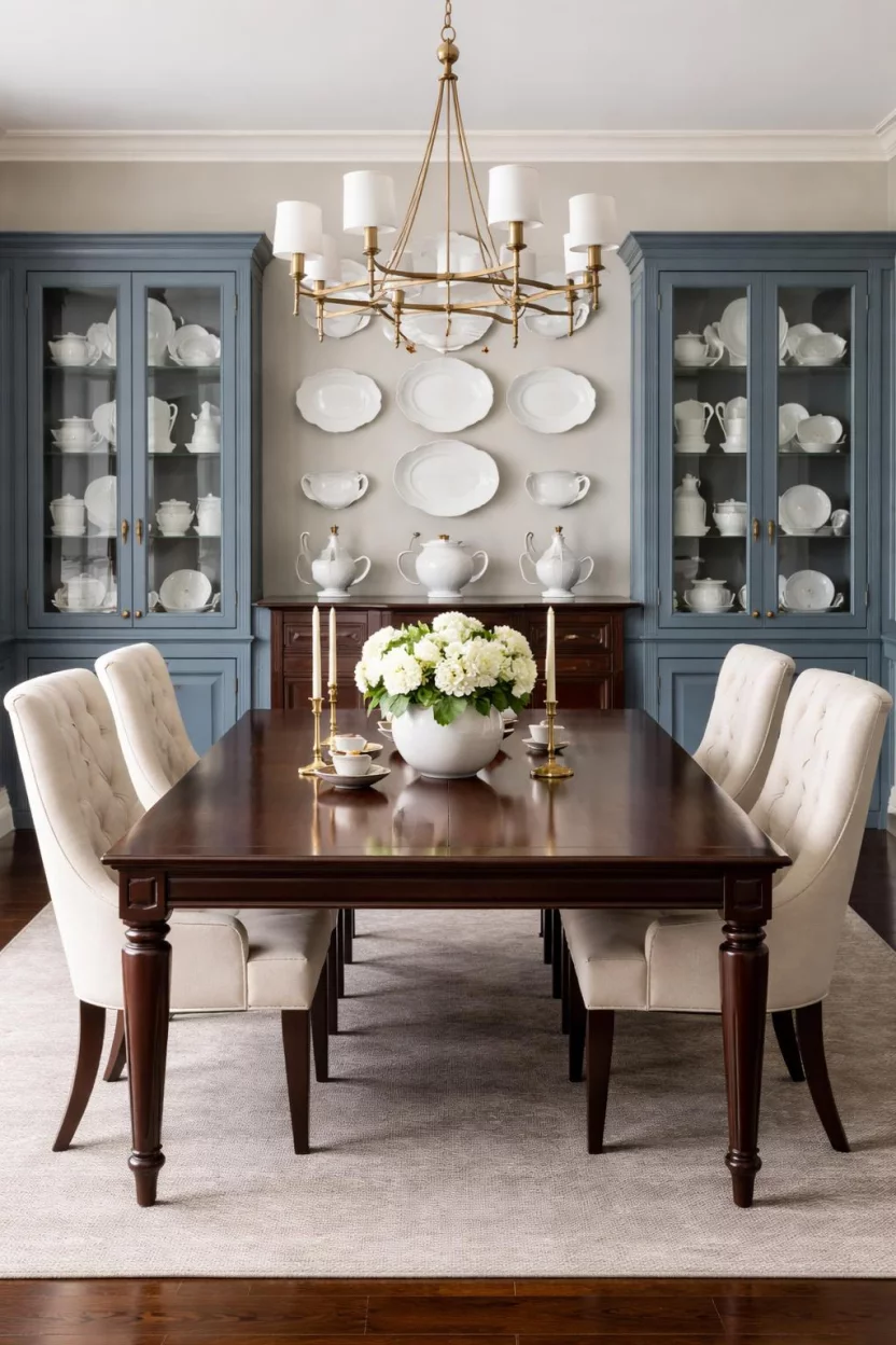 A realistic photo of a dining room with walls featuring slate blue built in china cabinets, a dark mahogany rectangular table, cream upholstered host chairs, and a collection of white ironstone plates displayed within the blue cabinets.