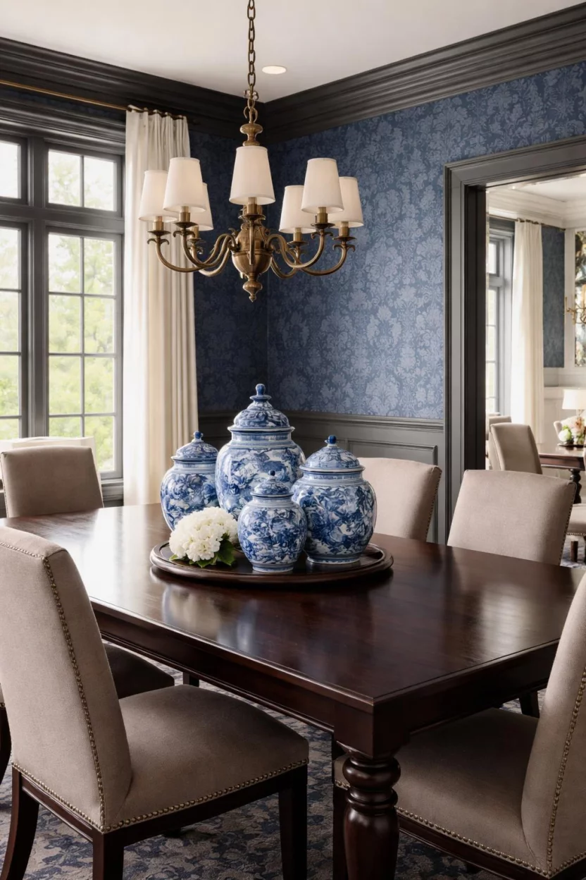 A realistic photo of a dining room with indigo blue damask wallpaper, charcoal gray painted trim and window frames, a dark espresso wood table, and blue and white porcelain ginger jars arranged as a centerpiece.