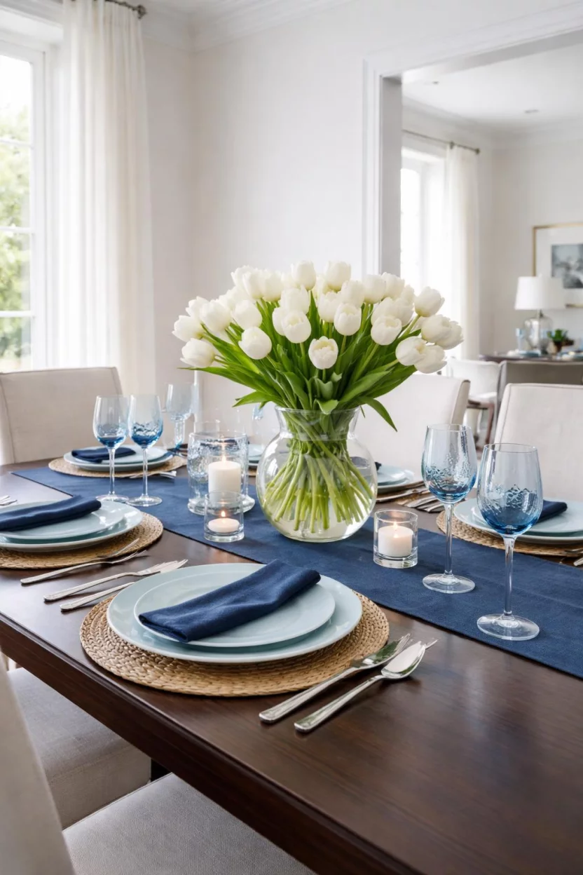 A realistic photo of a dining room with white walls, a dark wood table set with icy blue dinner plates, blue glassware, a navy table runner, and a large clear vase filled with white tulips.