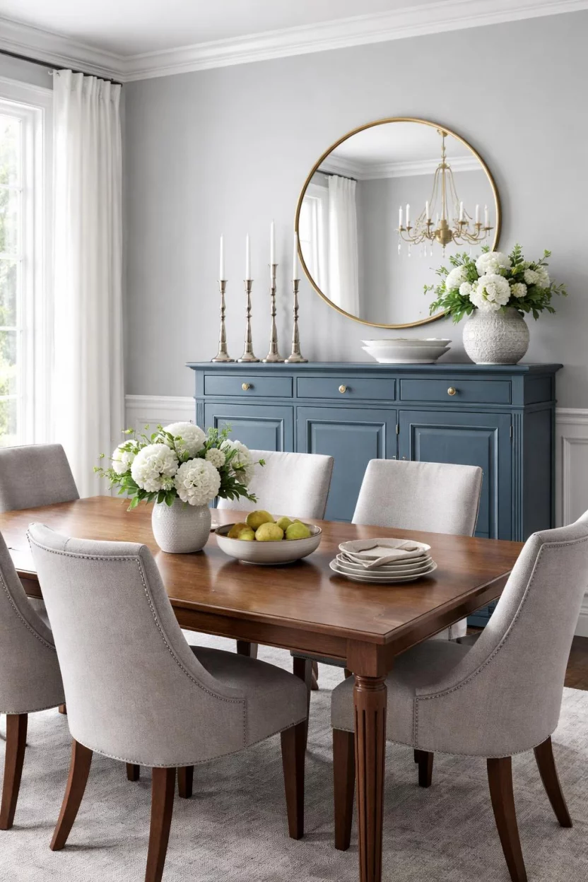 A realistic photo of a dining room with light gray walls, a tall peacock blue painted wooden buffet, a walnut dining table, upholstered gray chairs, and a set of silver candlesticks on top of the buffet.