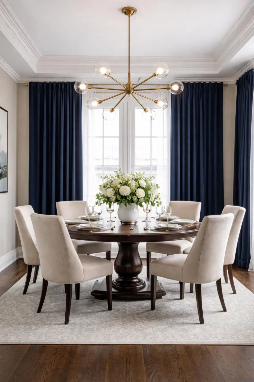 A realistic photo of a dining room with beige walls, floor to ceiling navy blue velvet curtains, a dark wood pedestal table, and a large brass chandelier with exposed bulbs.