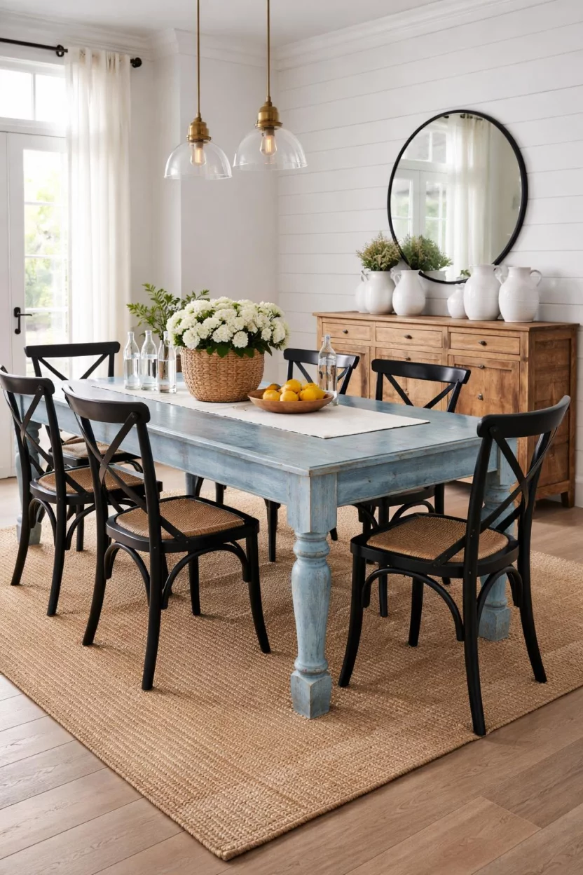 A realistic photo of a dining room featuring a large distressed sky blue wooden farmhouse table, a set of black crossback chairs, a natural jute area rug, and three white ceramic pitchers displayed on a rustic wooden sideboard.