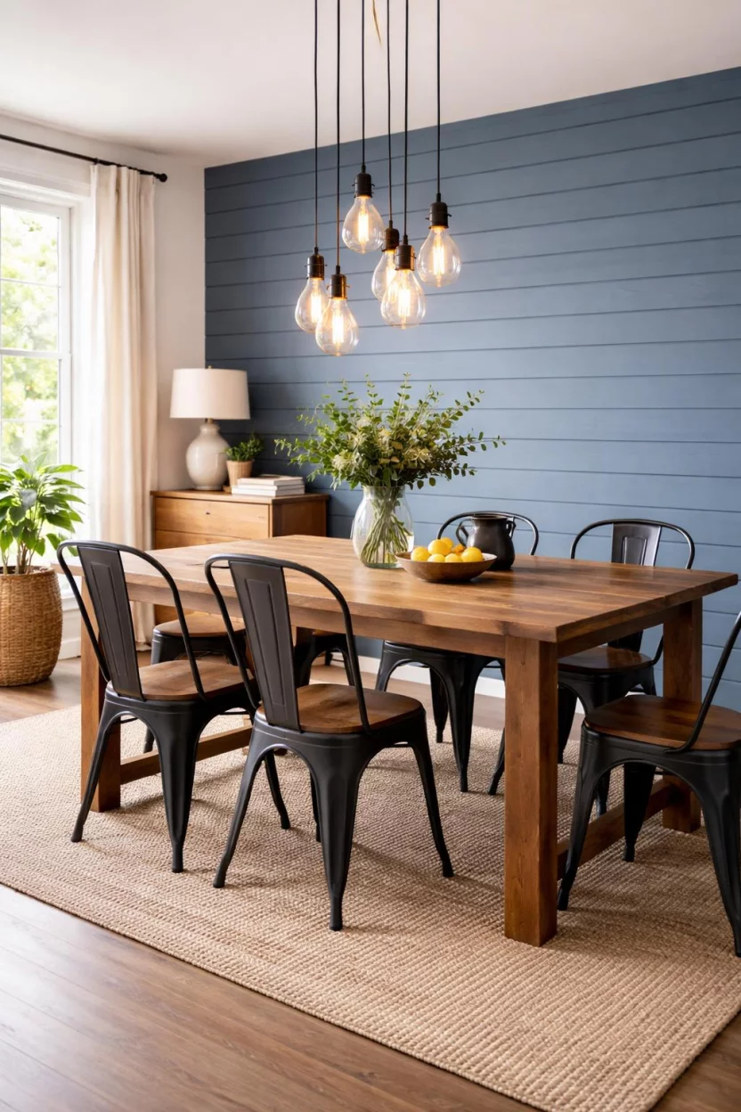 A realistic photo of a dining room with one wall covered in horizontal denim blue painted shiplap, a sturdy timber dining table, black metal cafe chairs, and a cluster of Edison bulb pendant lights.