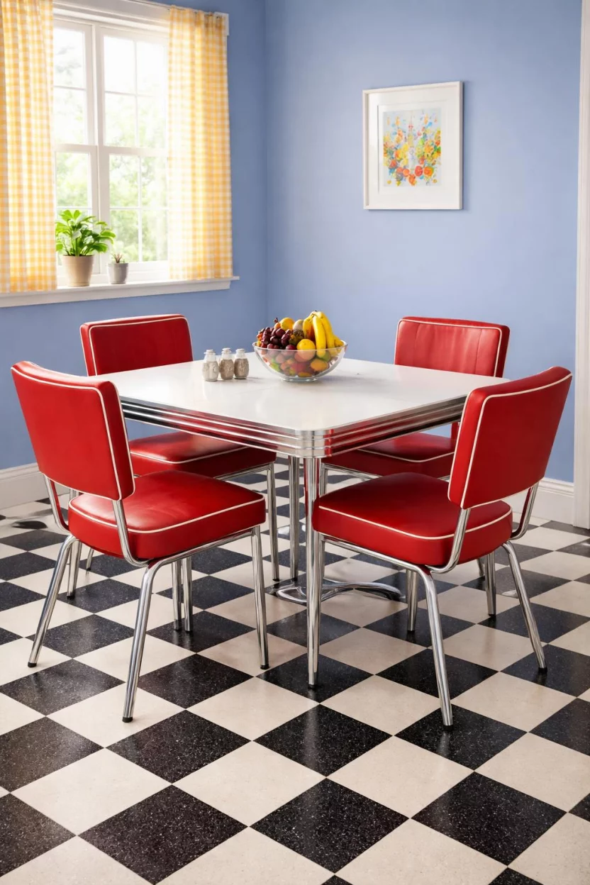 A realistic photo of a dining room with periwinkle blue walls, a white Formica table with chrome edges, four red vinyl chairs, and a checkered black and white floor.