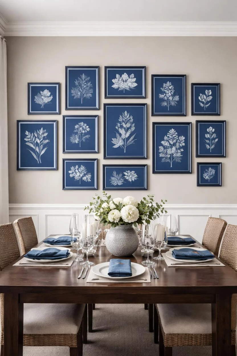 A realistic photo of a dining room with neutral gray walls, a collection of fifteen different sized sapphire blue picture frames containing white botanical prints, a dark wood table, and blue linen napkins.