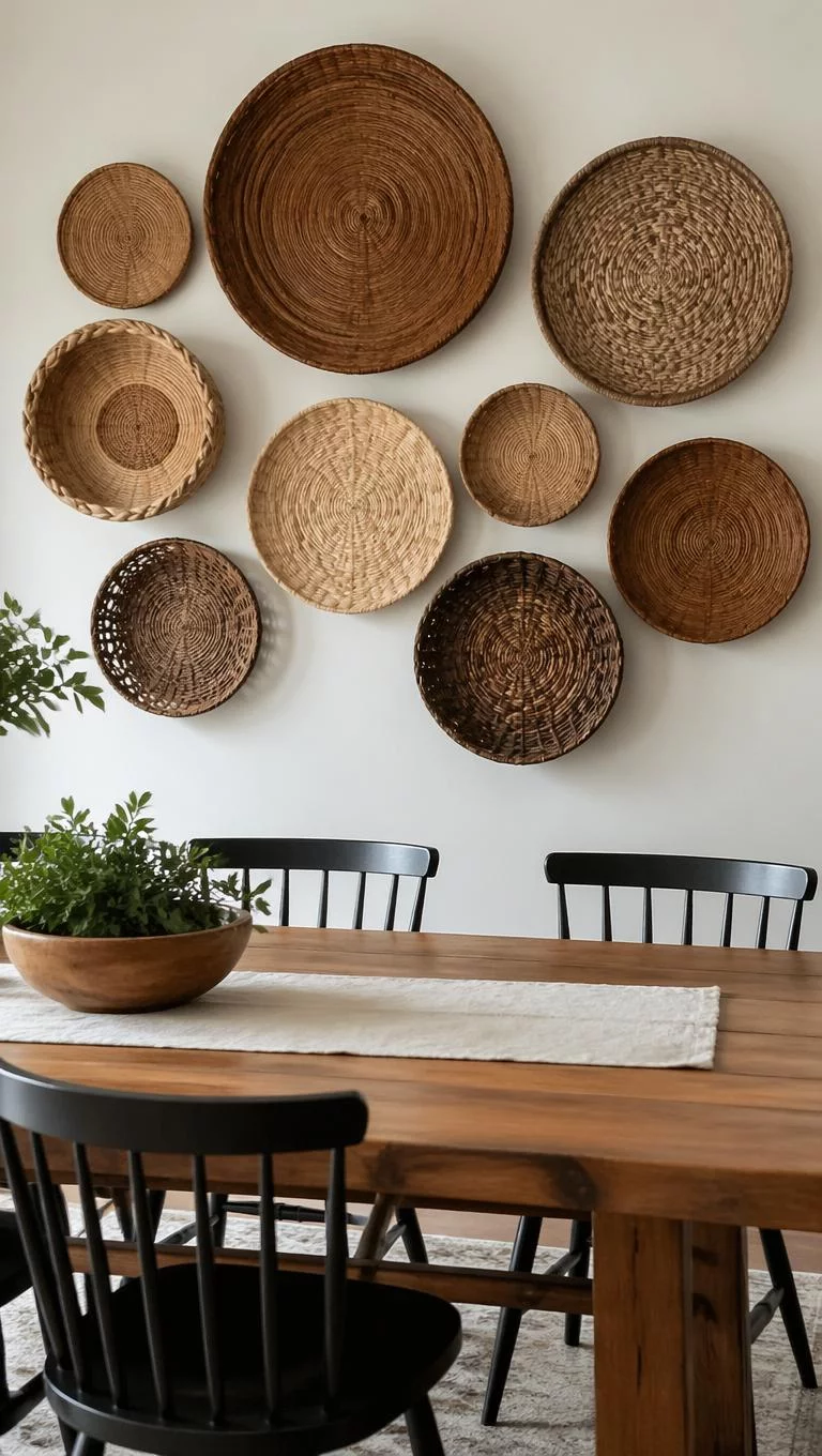 A realistic photo of a dining room wall decorated with a cluster of various sized circular brown and tan woven seagrass baskets arranged in a gallery style over an oak dining table for a lifestyle poster.