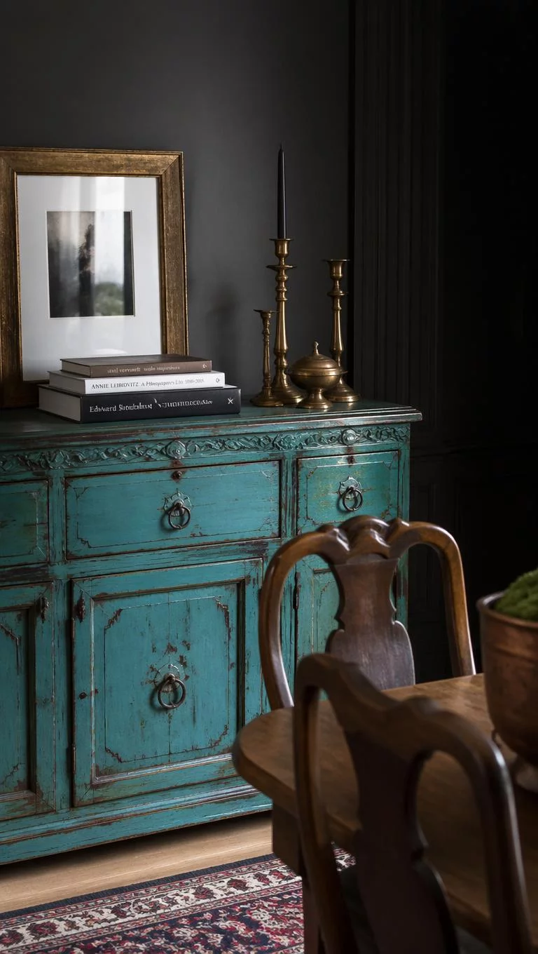 A realistic photo of a dining room corner featuring a distressed turquoise painted wooden sideboard with ornate carved details topped with brass candlesticks and a stack of art books in high contrast lighting for an editorial photo.