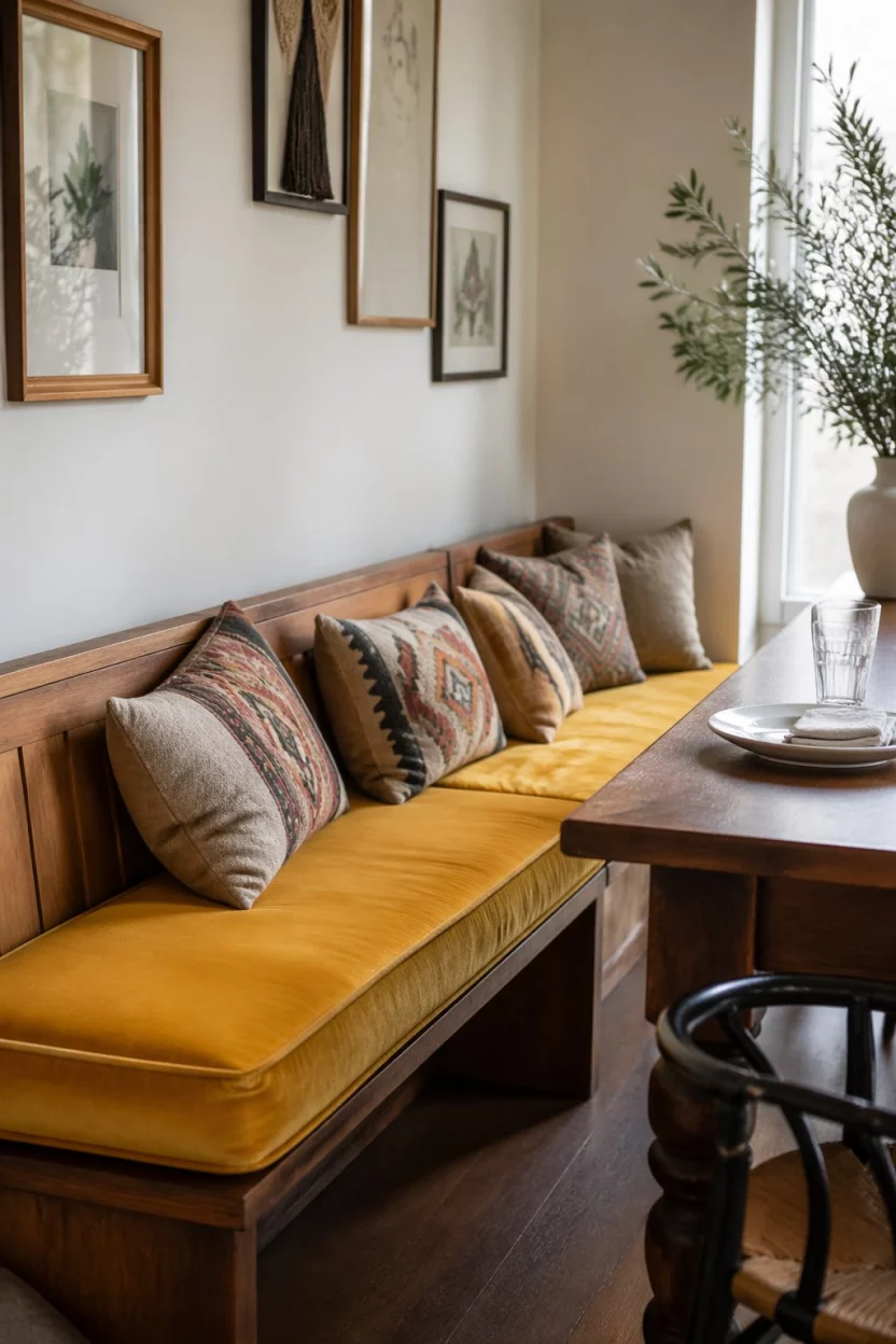 A realistic photo of a wooden dining bench topped with a long mustard yellow velvet cushion and several small patterned throw pillows in a cozy dining nook for a lifestyle photo.