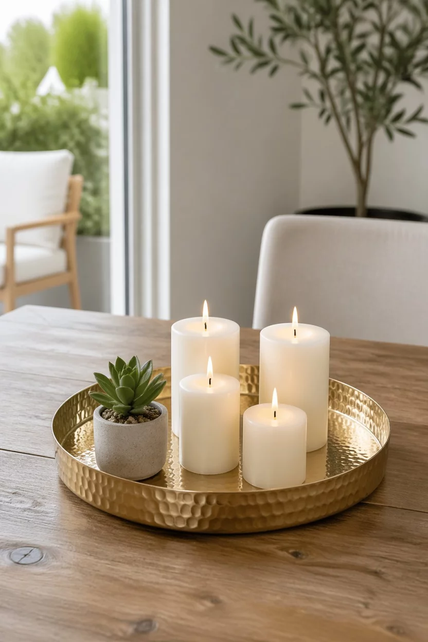 A realistic photo of a dining table with a round hammered gold brass tray holding several white pillar candles and a small succulent in a sunny room for a product mockup.