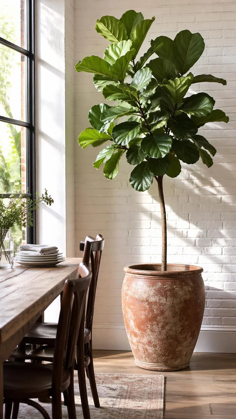 A realistic photo of a sunny dining room corner where a tall green fiddle leaf fig tree sits in a large weathered terracotta pot next to a white brick wall with soft shadows for an editorial photo.