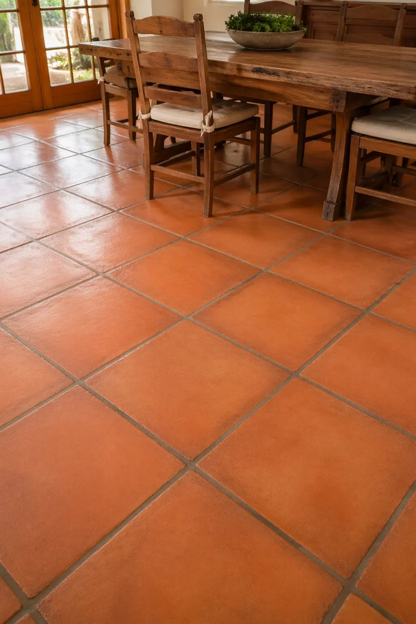 A realistic photo of a dining room floor featuring large square orange terracotta tiles with dark grout lines under a rustic wooden table in warm natural lighting for a product mockup.