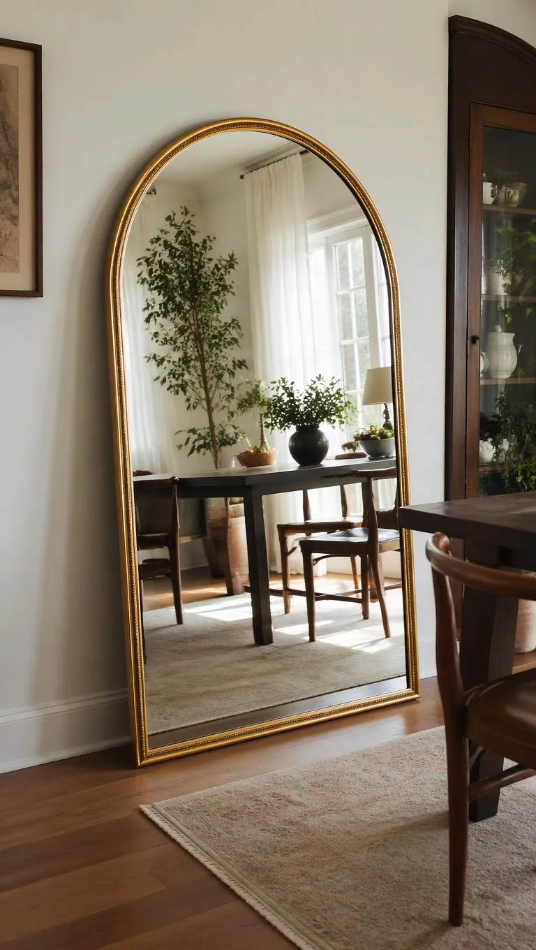 A realistic photo of a dining room wall featuring a large gold framed arched floor mirror leaning against the wall reflecting a wooden table and indoor plants in bright natural light for a lifestyle photo.