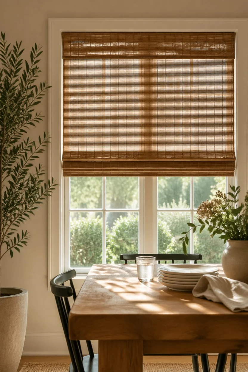 A realistic photo of a dining room window covered with brown woven reed Roman shades letting in dappled sunlight onto a nearby wooden table for an editorial photo.