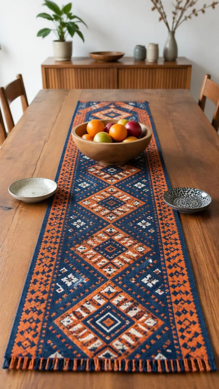 A realistic photo of a long dining table covered with a navy and orange geometric patterned textile table runner topped with a wooden bowl of fruit and small ceramic plates for a product mockup.