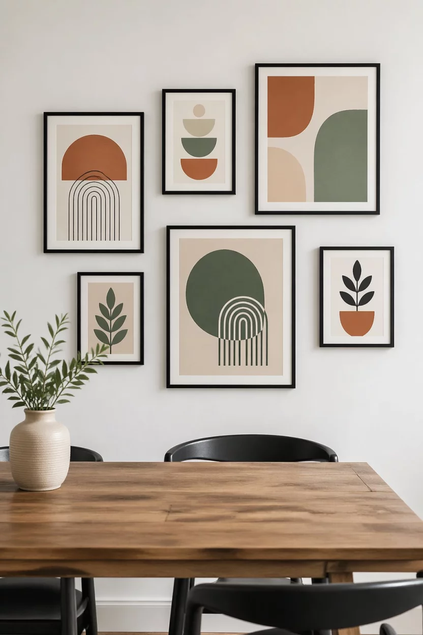 A realistic photo of a white dining room wall featuring a gallery of several black framed abstract art prints in terracotta, beige, and sage green colors arranged in an asymmetrical pattern for a poster.