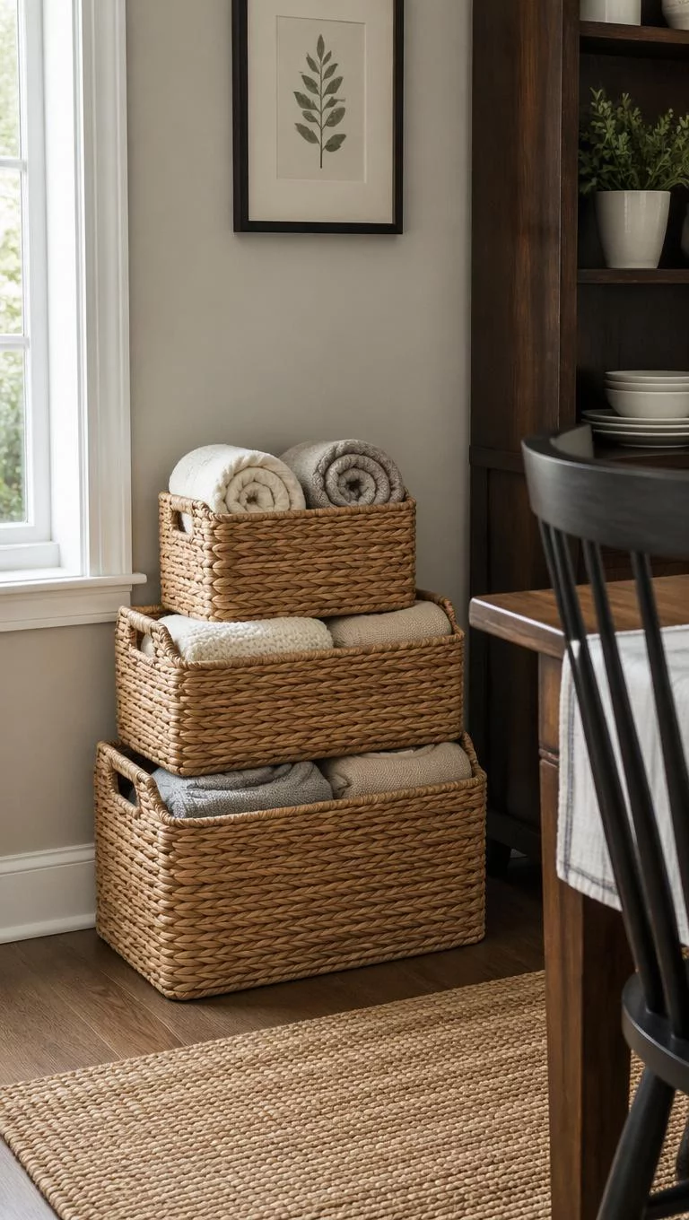 A realistic photo of a dining room corner where three various sized tan jute baskets are stacked neatly on the floor containining rolled up blankets in soft indoor lighting for a lifestyle poster.