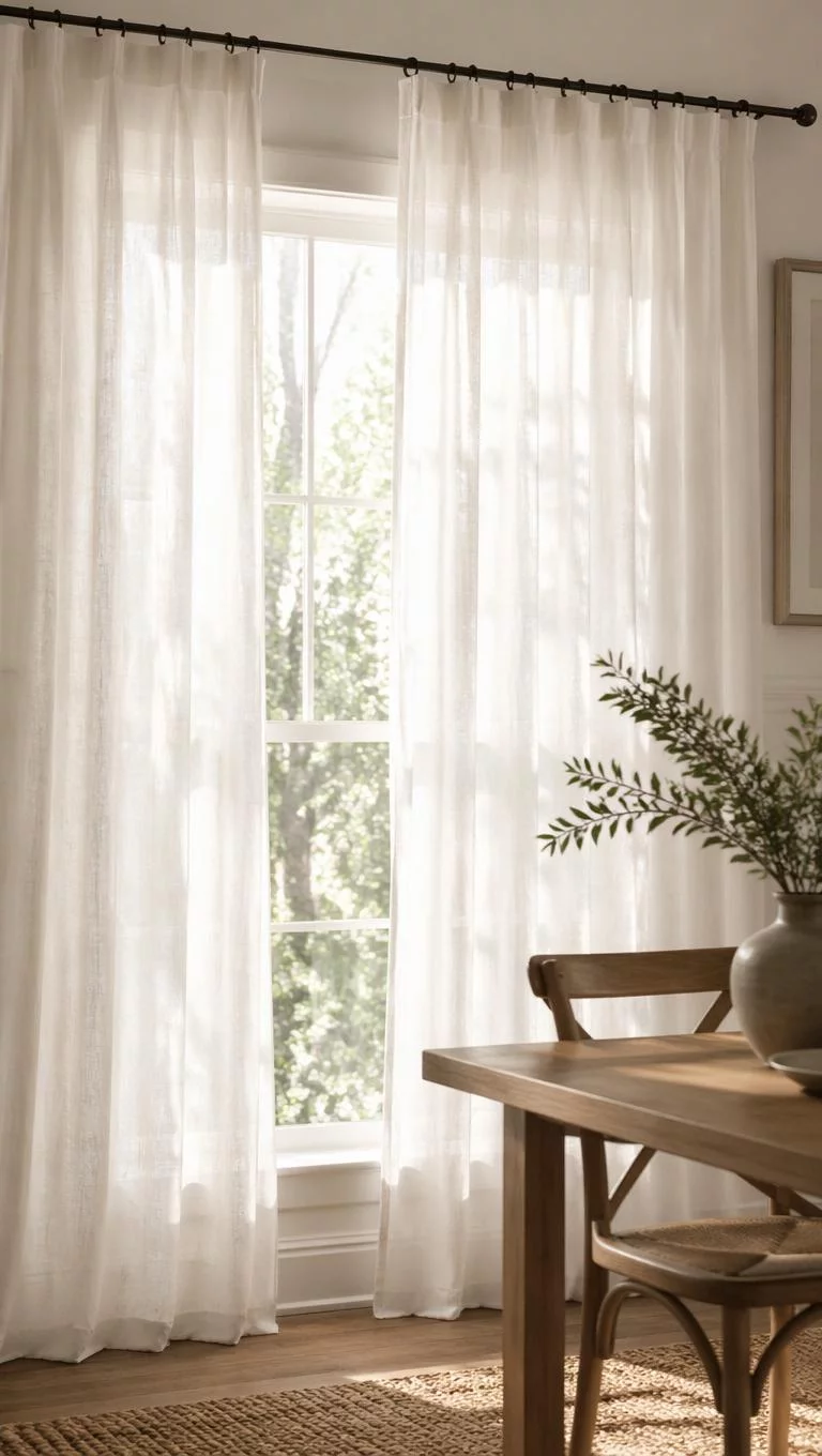 A realistic photo of a dining room window with long breezy white linen curtains hanging from a black metal rod with soft sunlight glowing through the fabric for an editorial photo.