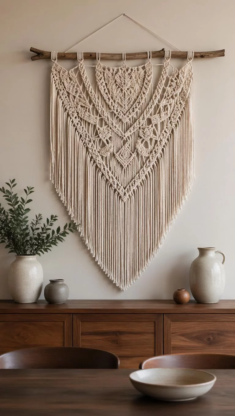 A realistic photo of a dining room wall featuring a large cream colored cotton macrame wall hanging with intricate knots and long fringe mounted on a natural wood branch above a side buffet table with ceramic vases for a poster.