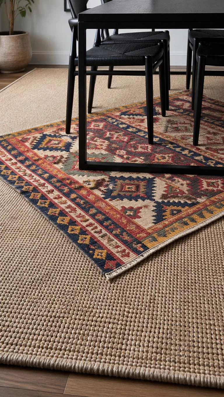 A realistic photo of a dining room floor where a small patterned colorful kilim rug is layered diagonally over a large flatweave beige jute rug under a minimalist black metal dining table with sharp focus on the woven textures for a product mockup.