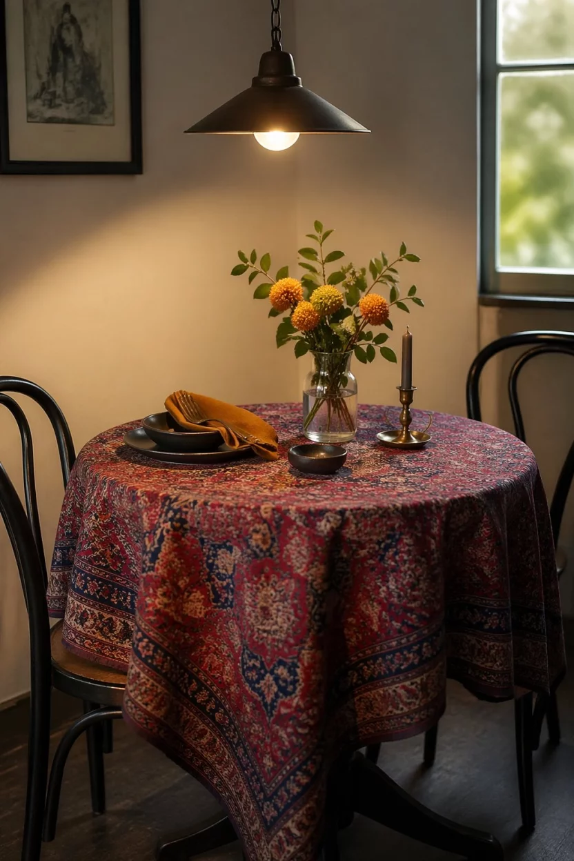 A realistic photo of a small round dining table covered with an intricate red and blue antique Persian patterned tablecloth under a single hanging light for an editorial photo.