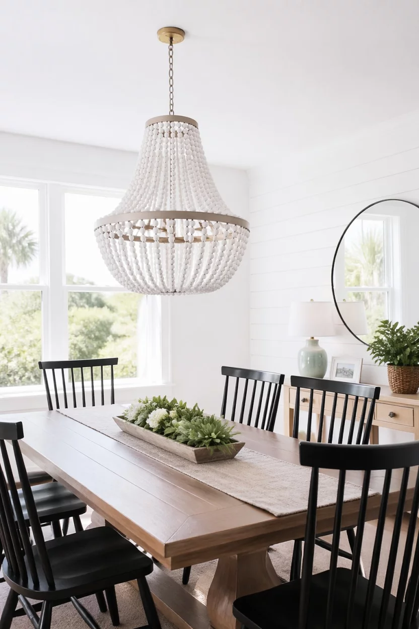 A realistic photo of a dining room featuring a large white wooden bead chandelier hanging over a table in a bright room with soft lighting for a lifestyle photo.