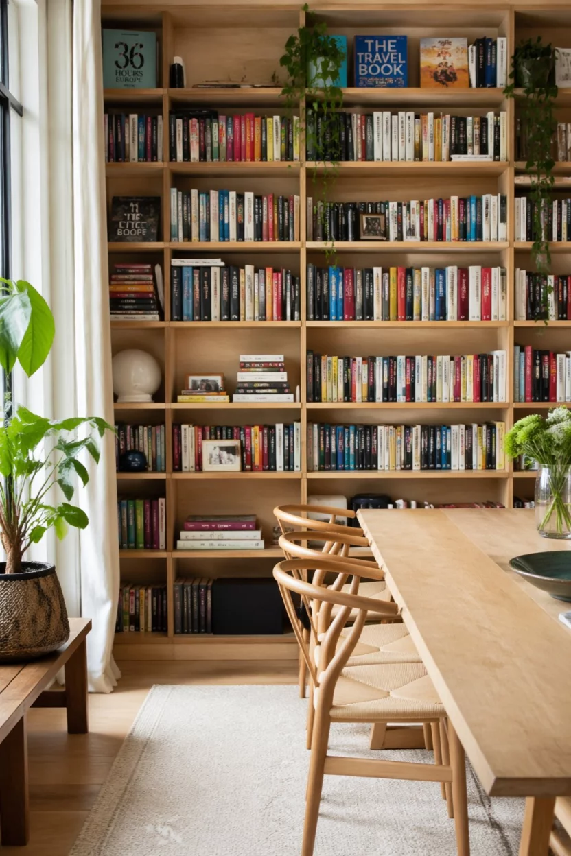 A realistic photo of a dining room wall with floor to ceiling light wood bookshelves filled with colorful books and small trailing plants in a bright airy room for a lifestyle poster.