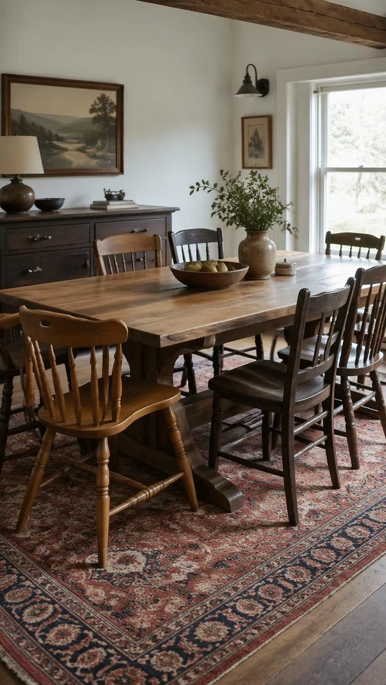 A realistic photo of a rustic dining room featuring a diverse set of mismatched dark oak and light maple vintage wooden chairs arranged around a heavy farmhouse table on a distressed colorful Persian rug under natural morning light for an editorial photo.