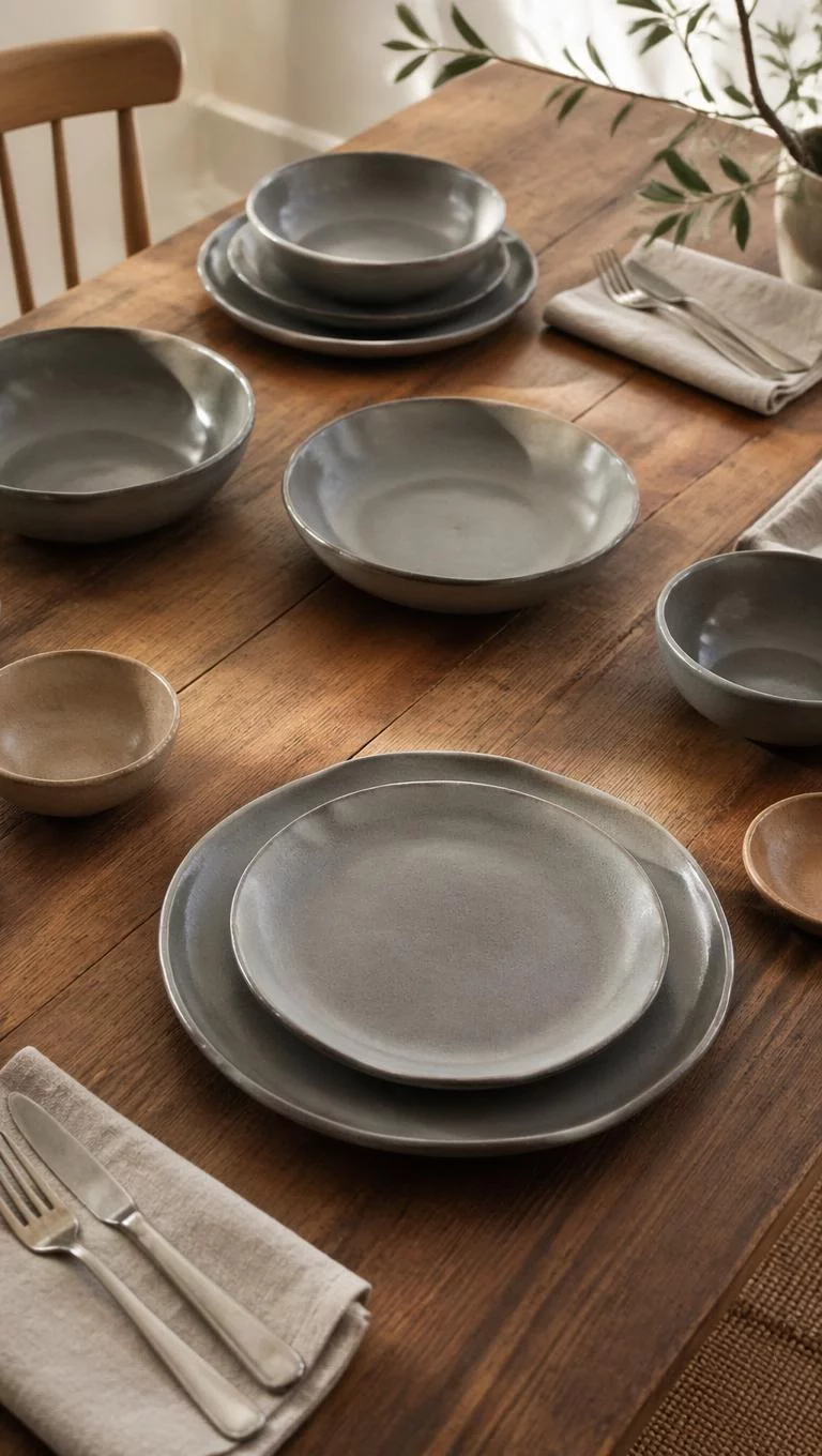 A realistic photo of a dining table set with organic shaped matte grey and earth tone ceramic plates and bowls on a wooden surface with linen napkins in soft morning light for a product mockup.