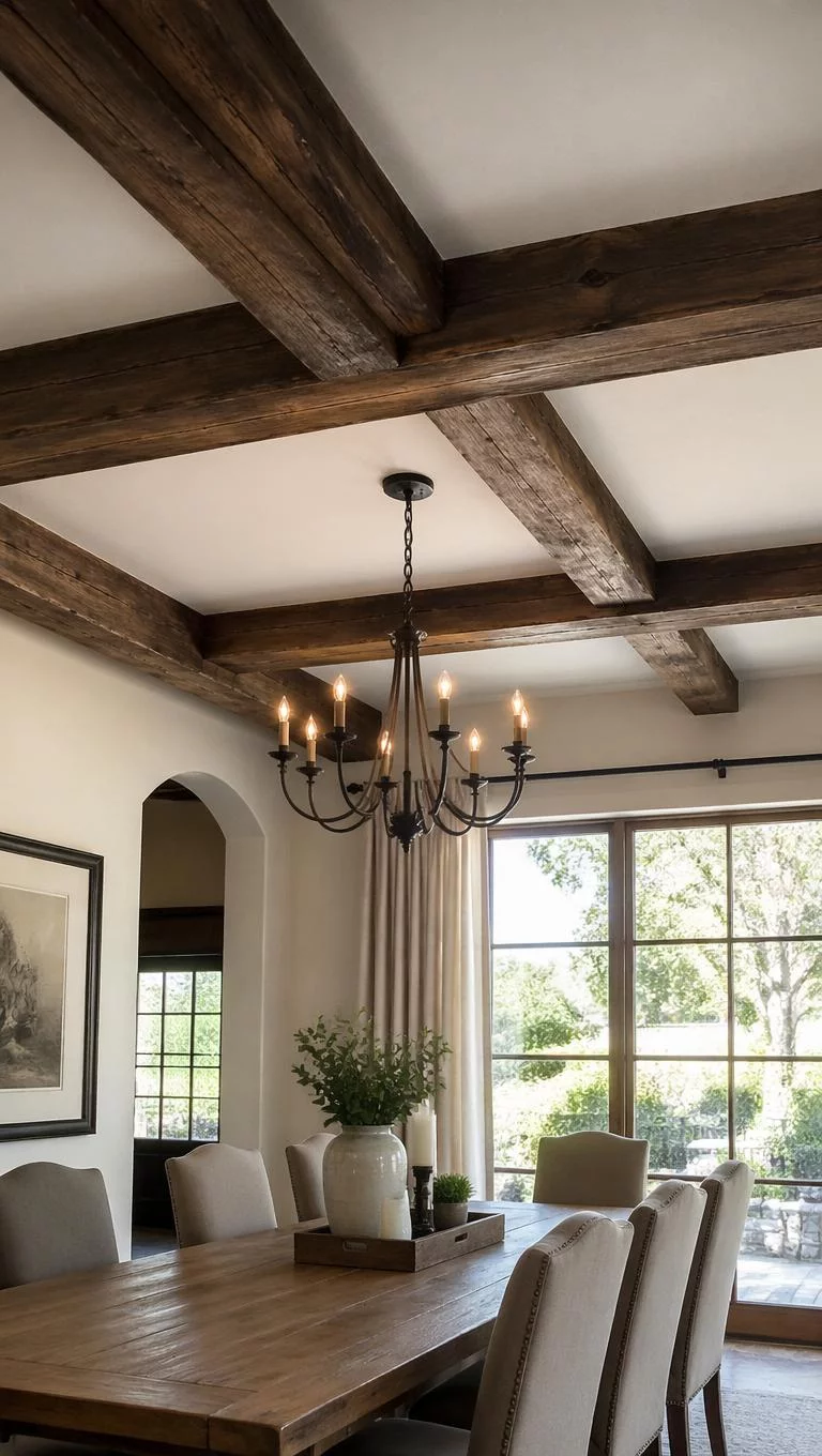 A realistic photo of a dining room ceiling with heavy dark brown exposed wood beams across a white plaster ceiling featuring a rustic chandelier and a sunny window background for an editorial photo.