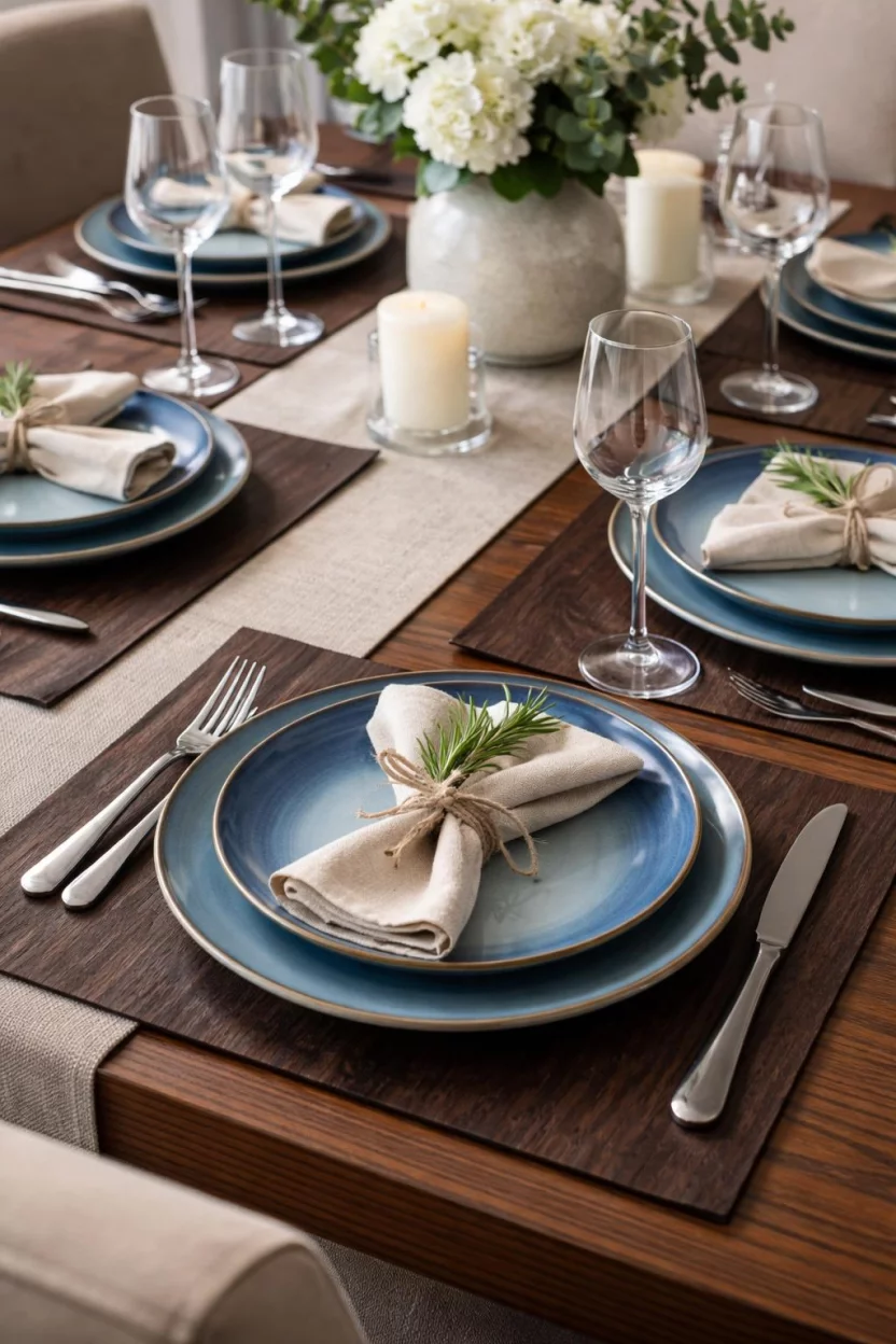 A realistic photo of a dining table set with blue gradient ceramic dinner plates, dark wood placemats, and linen napkins tied with twine.