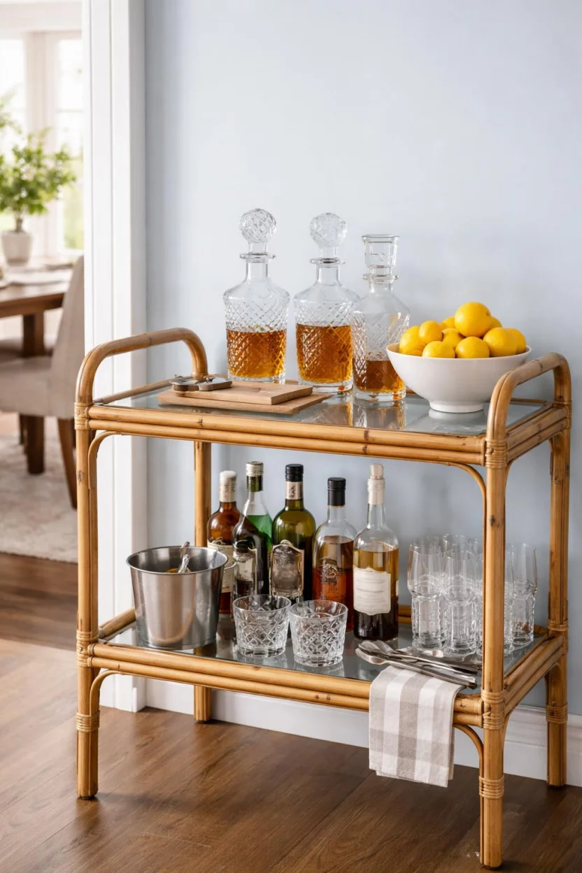 A realistic photo of a dining room bar cart made of bamboo and glass, stocked with crystal decanters and a bowl of fresh lemons, situated near a light blue wall.