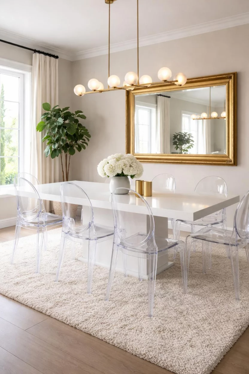 A realistic photo of a dining room with a thick cream colored shag rug, a modern white lacquer dining table, clear acrylic ghost chairs, and a large gold framed mirror on the wall.