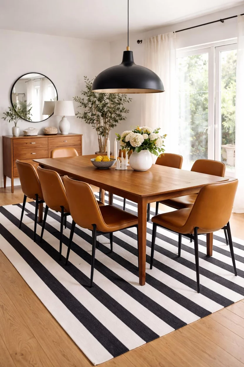 A realistic photo of a dining room featuring a wide black and white striped rug running vertically, a sleek mid century modern teak table, tan leather chairs, and a black metal pendant light overhead.