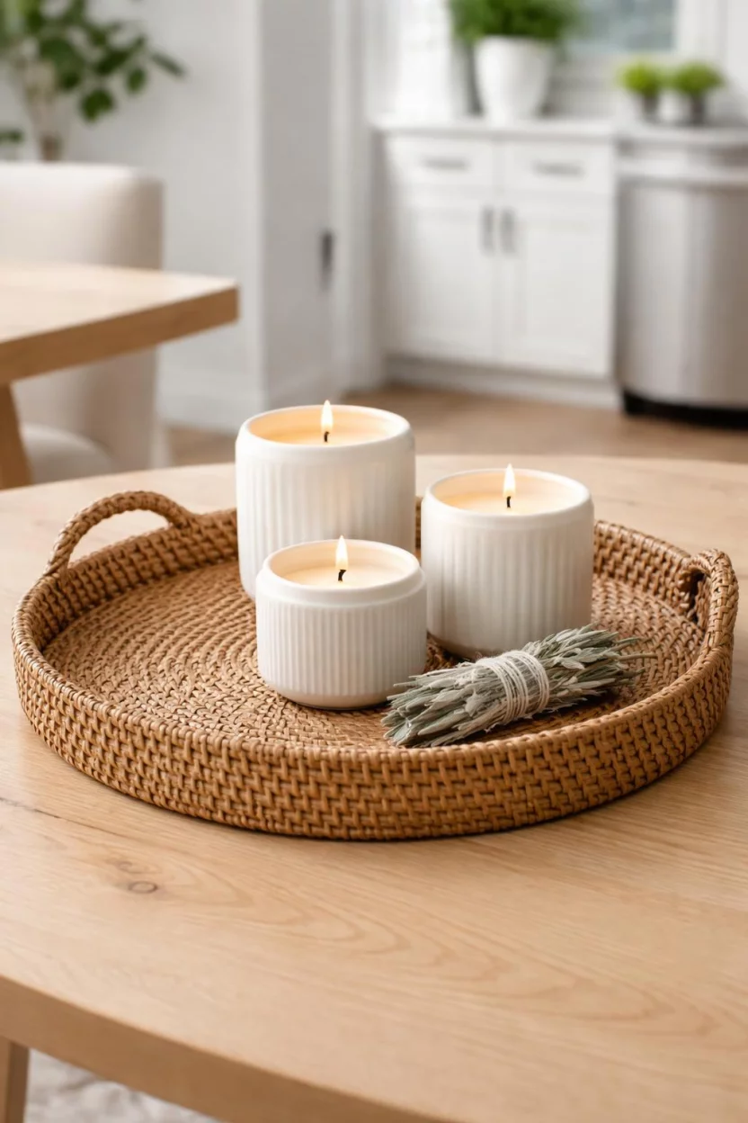 A realistic photo of a dining room table with a round brown rattan tray holding three white ceramic scented candles and a small bundle of dried sage.